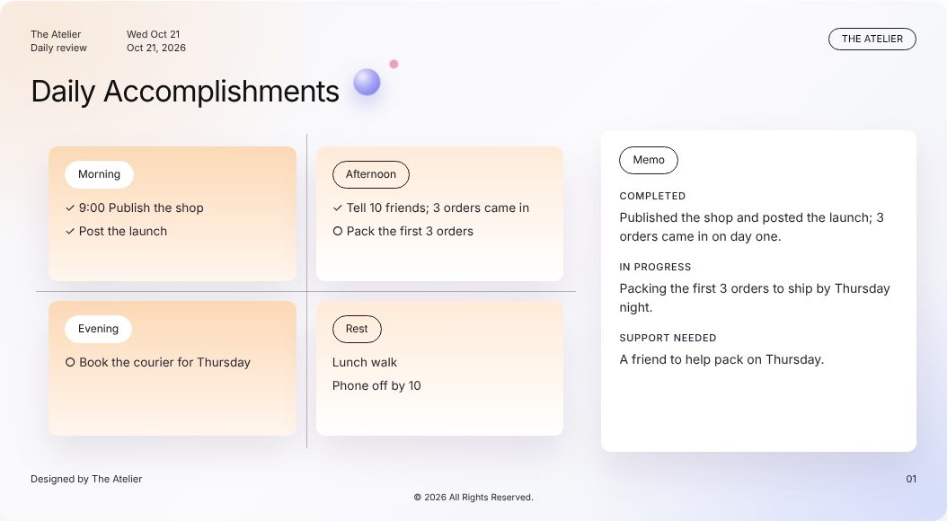 Example Daily Accomplishments one-pager