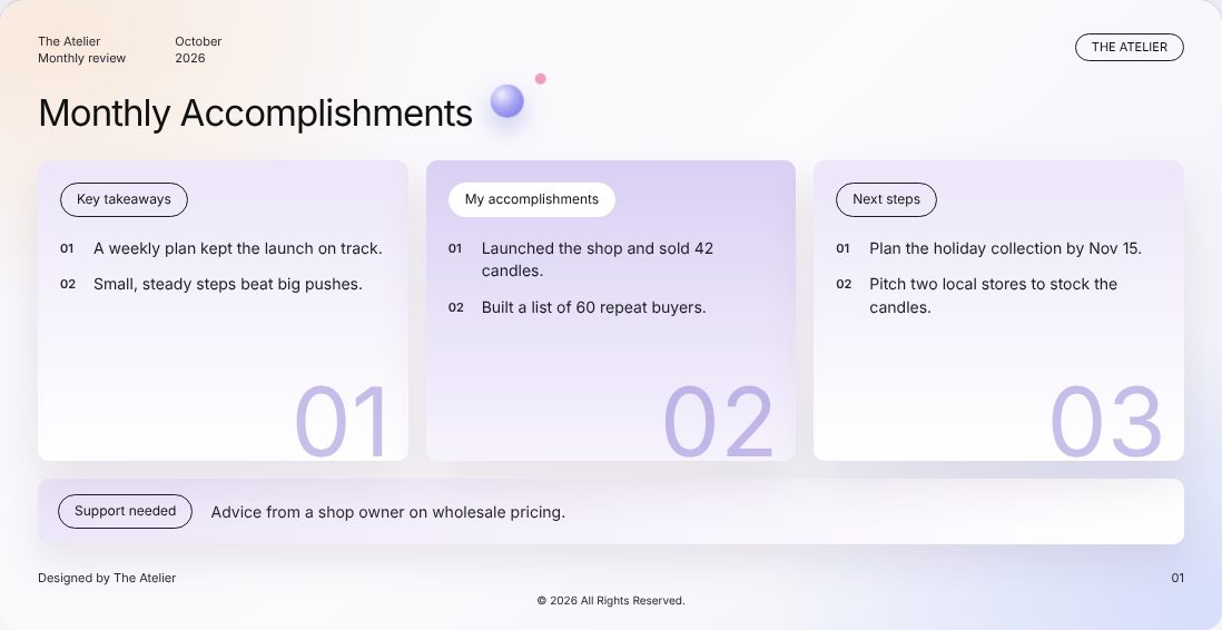 Example Monthly Accomplishments one-pager