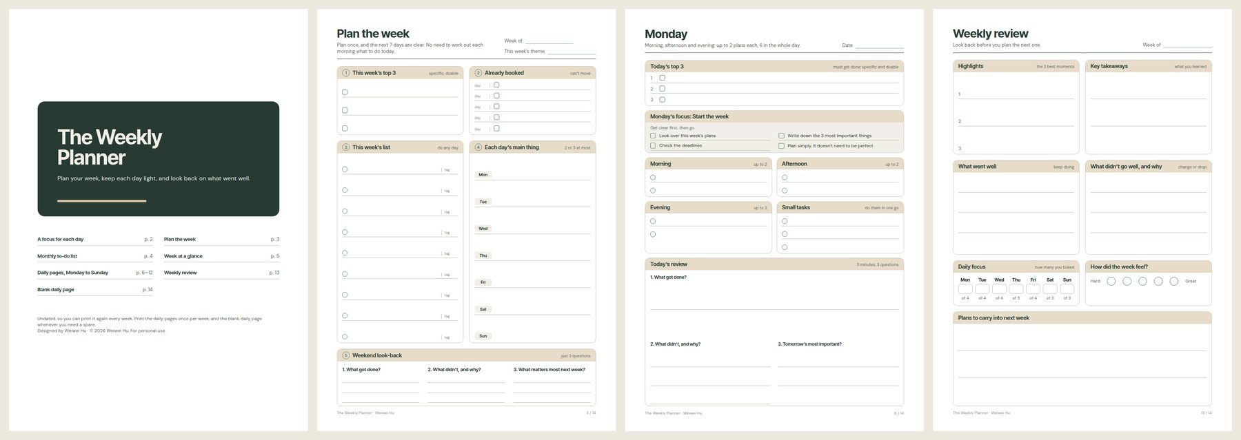 Four pages from the printable pack: the cover, plan the week, a Monday page and the weekly review